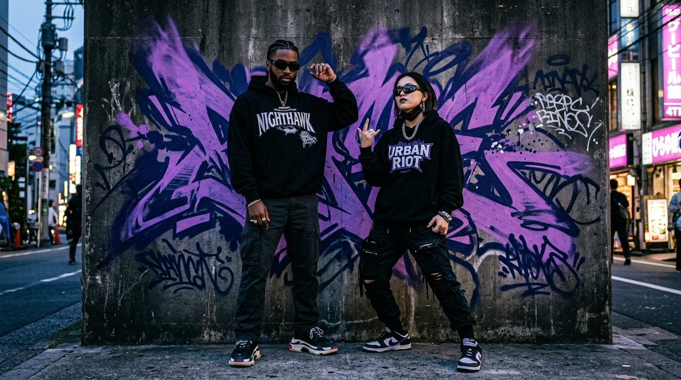 Dos personas luciendo sneakers y ropa urbana frente a un mural